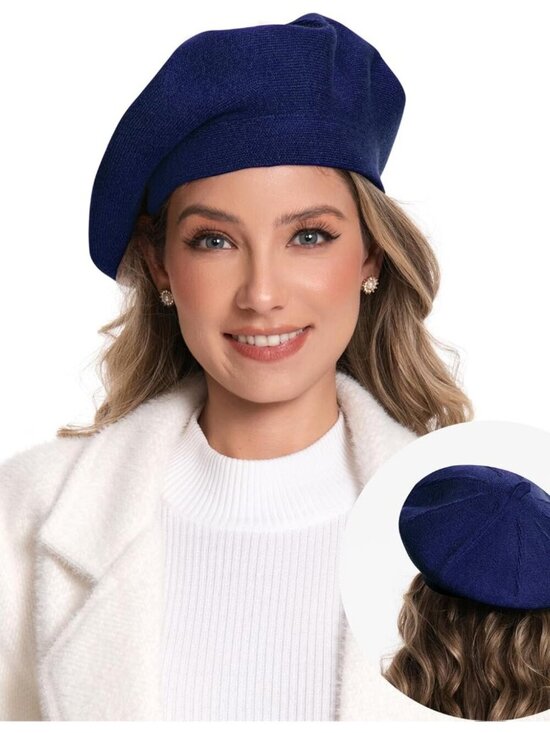 Women\'s French Style Double Layer Winter Autumn Warm, Soft Beanie Hat Navy Blue main image 4